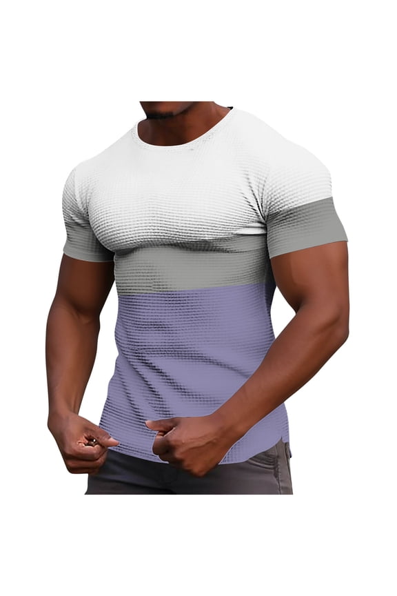 T-Shirts for Men Fashion Casual Loose Color Splice Elastic Short Sleeve Round Neck Pullover Waffle Tops Purple S