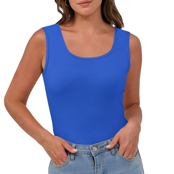 JSheng Tank Top for Women Women's Solid Color Round Neck Sleeveless Casusal Slim Comfy Top Blue M