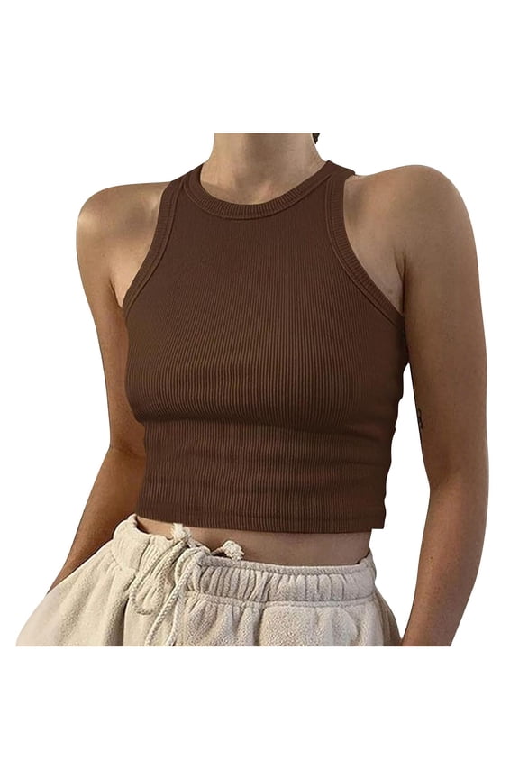Tank Tops for Women Summer Casual Pit-Strip Round Neck Short Ribbed Sleeveless T-Shirt Coffee L