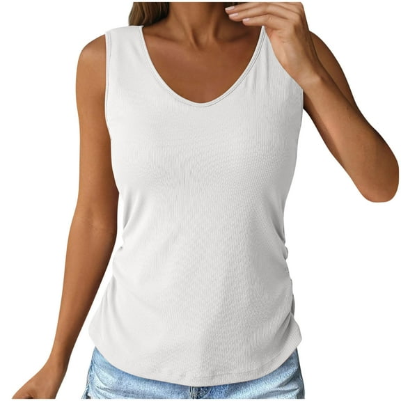 JSheng Tank Tops with Built in Bra for Women Summer Solid Color V-neck Sleeveless Chest Cushion Side Pleated Top White XXL