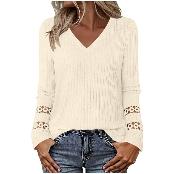 JSheng Tops for Women 2025 Fashion Solid Color V-neck Loose Long Sleeve Pullover Casual Comfortable Blouse Beige S