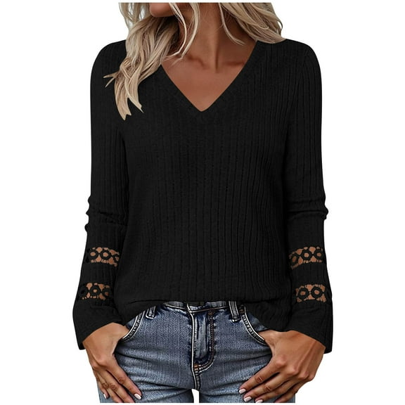 JSheng Tops for Women 2025 Fashion Solid Color V-neck Loose Long Sleeve Pullover Casual Comfortable Blouse Black M