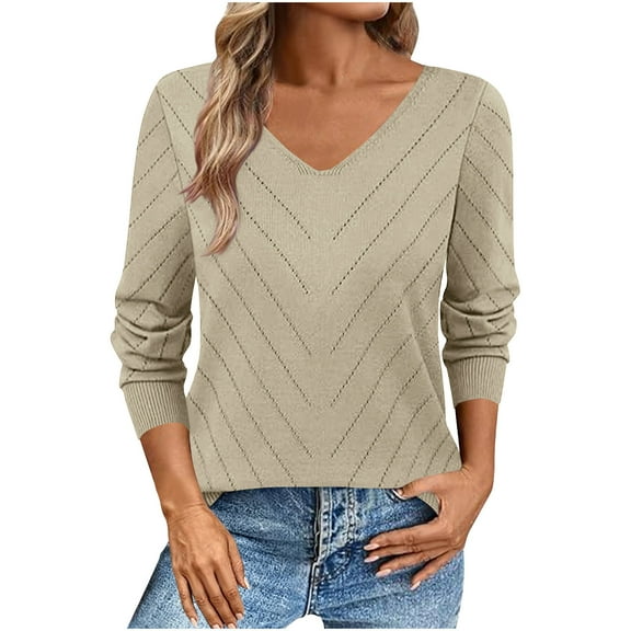 JSheng Tops for Women Fall Fashion Casual Solid Color Kintted V-Neck Lightweight Comfortable Long Sleeve Blouse Beige L