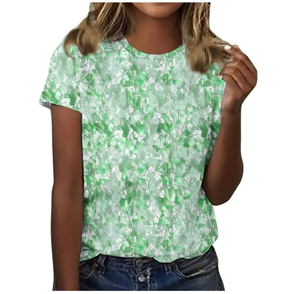 JSheng Tops for Women Trendy Womens New Casual Fashion Printed T-Shirt Crewneck Short-Sleeved Top Green XL