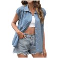 thumbnail image 1 of JSheng Trendy Plaid Shirts for Women Ladies Casual Fashion Button Plaid Shirt Short Sleeve Lapel Bloues Blue S, 1 of 5