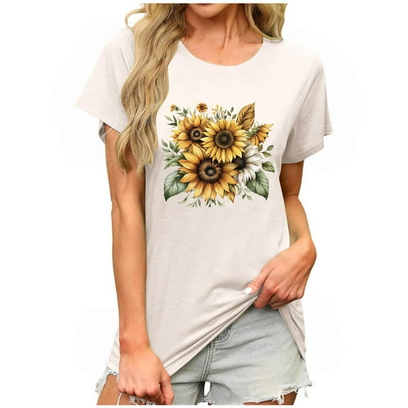 JSheng Trendy Printed T Shirt for Women Summer Casual Loose Graphic Round Neck Short Sleeve Tops