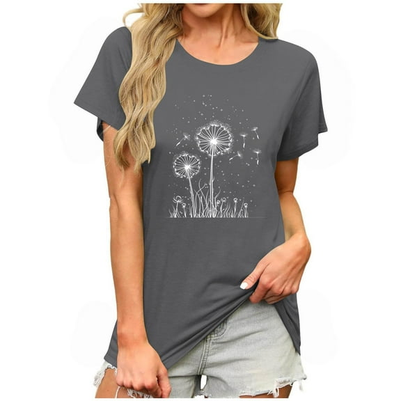 JSheng Trendy Printed T Shirt for Women Summer Casual Loose Graphic Round Neck Short Sleeve Tops