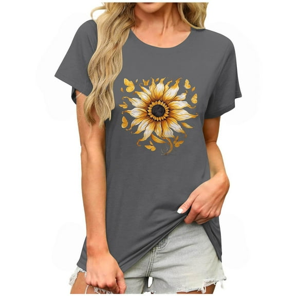 JSheng Trendy Printed T Shirt for Women Summer Casual Loose Graphic Round Neck Short Sleeve Tops
