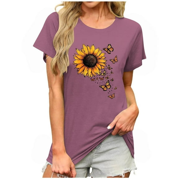 JSheng Trendy Printed T Shirt for Women Summer Casual Loose Graphic Round Neck Short Sleeve Tops