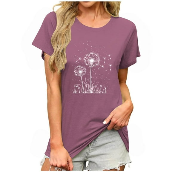 JSheng Trendy Printed T Shirt for Women Summer Casual Loose Graphic Round Neck Short Sleeve Tops