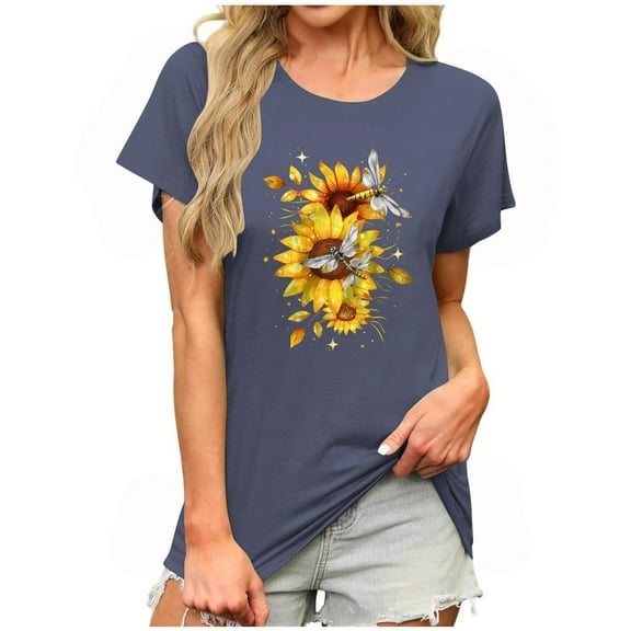JSheng Trendy Printed T Shirt for Women Summer Casual Loose Graphic Round Neck Short Sleeve Tops