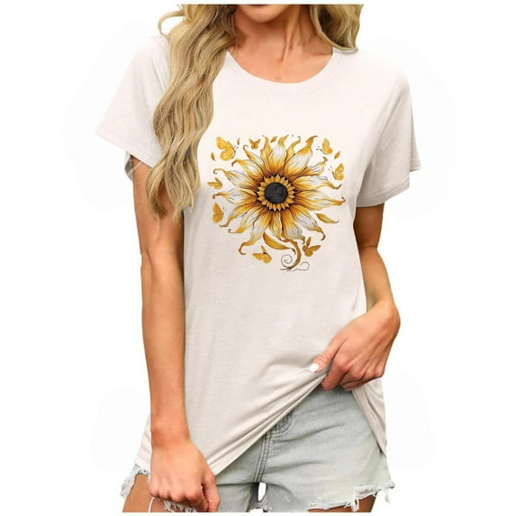 JSheng Trendy Printed T Shirt for Women Summer Casual Loose Graphic Round Neck Short Sleeve Tops