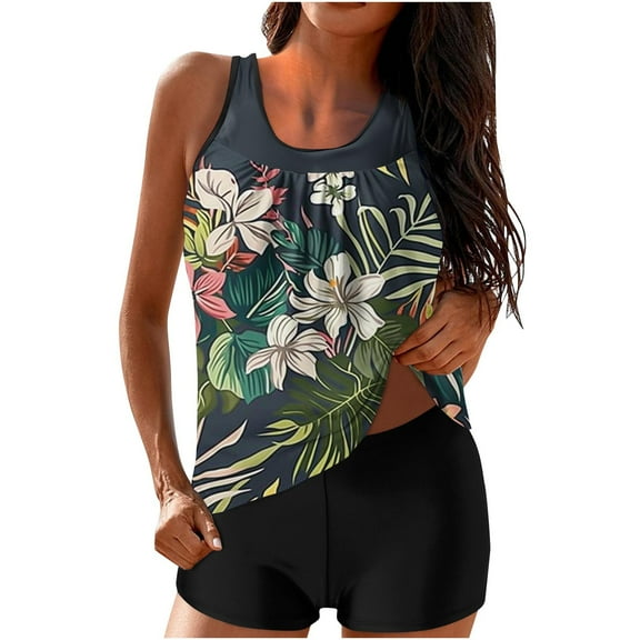 JSheng Two-piece Swimsuit for Women Conservative High-waisted Fashionable Printed Tankini Swimsuits with Shorts Green L