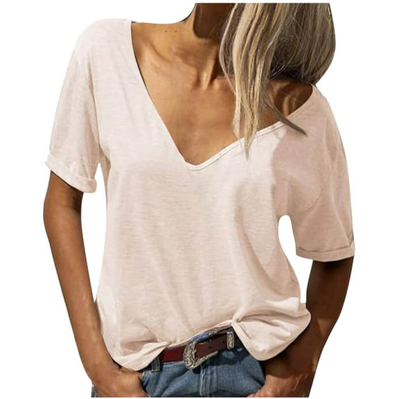 JSheng V-Neck Women T-Shirts Puls Size Casual Oversize Solid V-neck Short Sleeved Breathable Blouse T-shirt Top Beige XXL