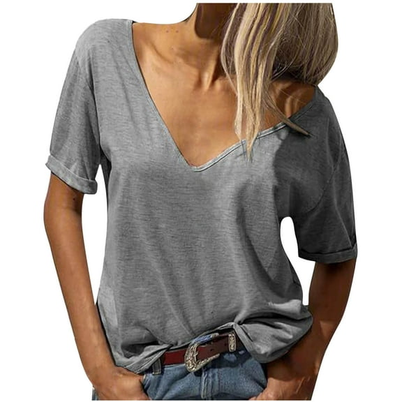 JSheng V-Neck Women T-Shirts Puls Size Casual Oversize Solid V-neck Short Sleeved Breathable Blouse T-shirt Top Gray XL