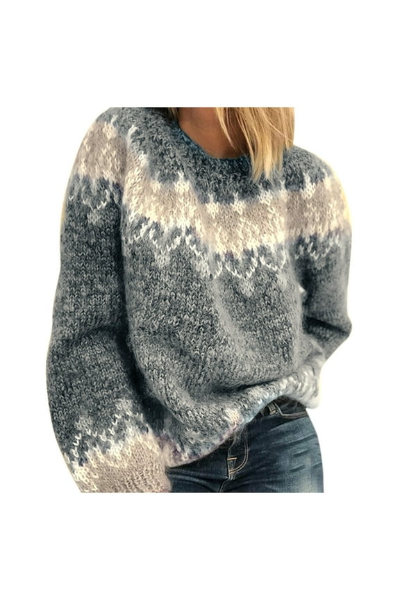 Winter Sweater for Women Fashion Ladies Long Sleeve Print Patchwork Knitted Warm Tops for Daily Wear Gray XL