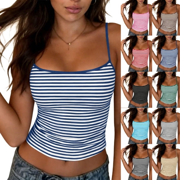 JSheng Women Camisoles Striped Tank Tops for Women Summer Spaghetti Strap Scoop Neck Striped Slim Tank Tops Soft Casual Sleeveless T-Shirts A-Yellow XXL