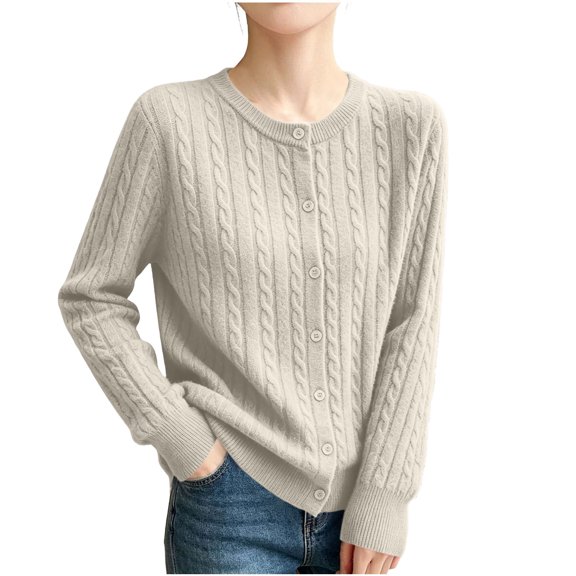 JSheng Women Cardigan Sweater Crew Neck Button Down Long Sleeve Kinted Cardigans Tops for Fall Winter Daily Wear A-Beige L