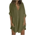 thumbnail image 1 of JSheng Women Casual Blouse Solid Color Stand Neck Loose 3/4 Sleeve Button Work Shirt with Pocket Green S, 1 of 5