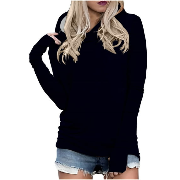 JSheng Women Casual Long Sleeve Tops Solid Color Hooded Slim T-Shirt Blouse Pulloverl Leaky Finger Blouse Black XXL