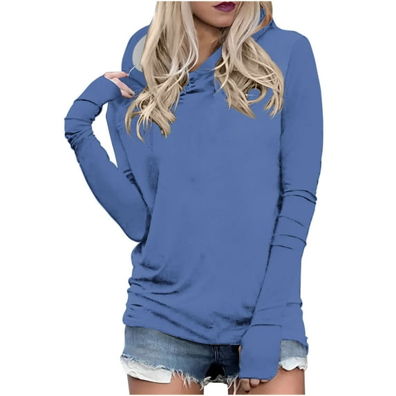 JSheng Women Casual Long Sleeve Tops Solid Color Hooded Slim T-Shirt Blouse Pulloverl Leaky Finger Blouse Blue L