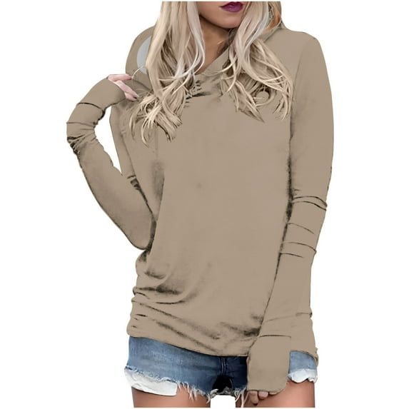 JSheng Women Casual Long Sleeve Tops Solid Color Hooded Slim T-Shirt Blouse Pulloverl Leaky Finger Blouse Khaki XXXL