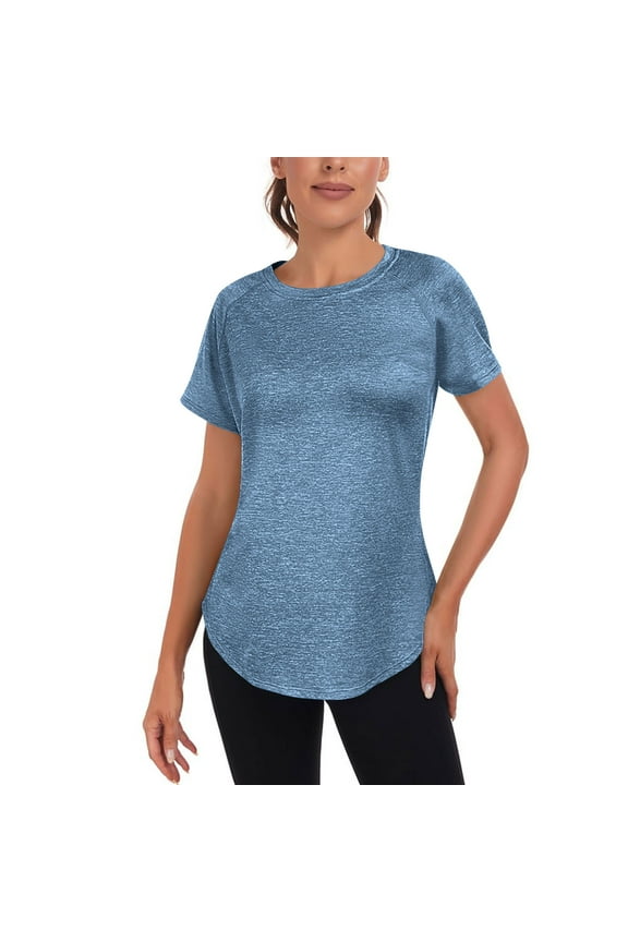 Women Casual Sport Tops Arc Hem Loose Breathable Mesh Match Crew-Neck Short Sleeve Top Blue L