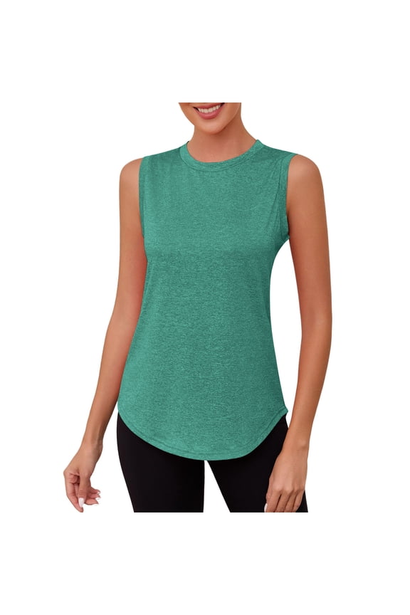 Women Casual Sport Tops Womens Sports Arc Hem Loose Breathable Round Neck Vest Top with Back Seam Green S