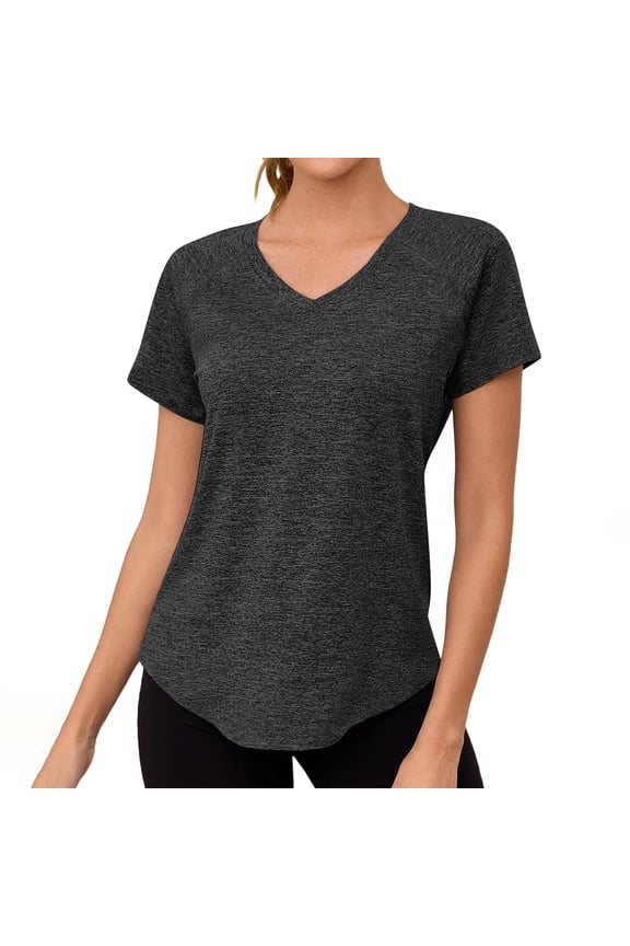 Women Casual Sport Tops Womens Sports Arc Hem Loose Breathable V-Neck Short Sleeve Top Black XXL