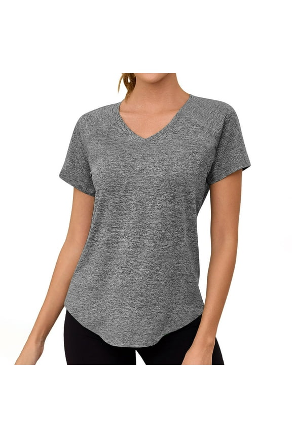 Women Casual Sport Tops Womens Sports Arc Hem Loose Breathable V-Neck Short Sleeve Top Gray S
