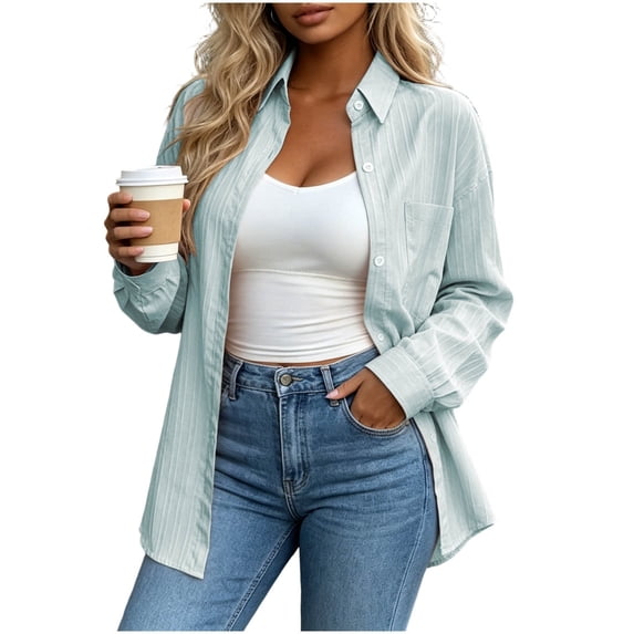 JSheng Women Lightweight Button Down Shirt Striped Sheer Blouse Open Front Cardigan Layering Top for Office Daily Wear A-Light Blue XXL