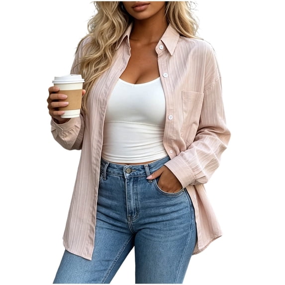 JSheng Women Lightweight Button Down Shirt Striped Sheer Blouse Open Front Cardigan Layering Top for Office Daily Wear A-Pink XL