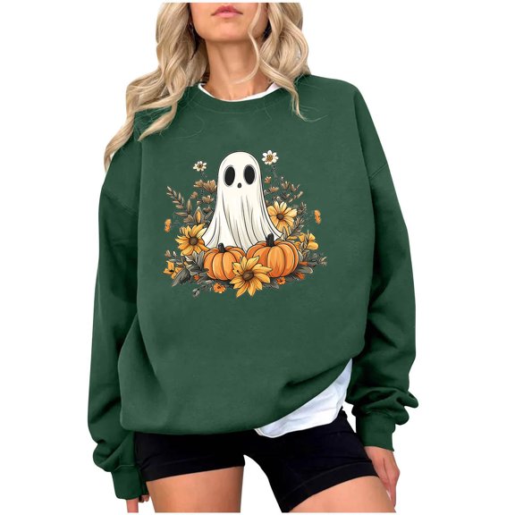JSheng Women Loose Sweatshirts Halloween Fashion Printed Casual Long Sleeve Hoodless Sweatshirt Blouse