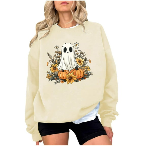 JSheng Women Loose Sweatshirts Halloween Fashion Printed Casual Long Sleeve Hoodless Sweatshirt Blouse