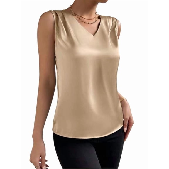 JSheng Women Sleeveless Satin Tops Casual Fashion Solid Color V-Neck Loose Temperament Tank Top Beige L