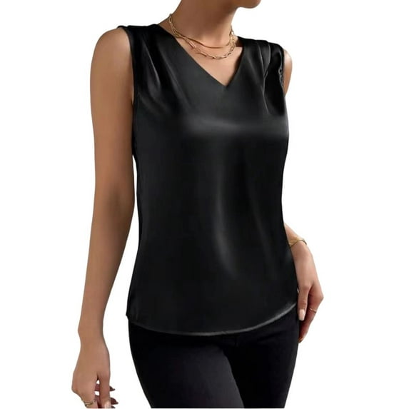 JSheng Women Sleeveless Satin Tops Casual Fashion Solid Color V-Neck Loose Temperament Tank Top Black M