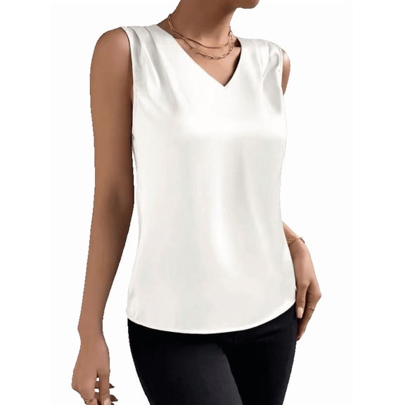 JSheng Women Sleeveless Satin Tops Casual Fashion Solid Color V-Neck Loose Temperament Tank Top White XXL