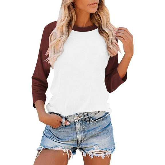 JSheng Women Summer Casual 3/4 Tops Women's Color Matching T-shirt 3/4 sleeves Round Neck Casual Tops Brown S