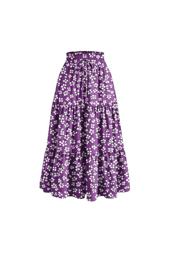 Women Summer Casual Skirt Fashion Printing Drawstring Pocket Elastic Waist Versatile Permeability Skirts Purple S