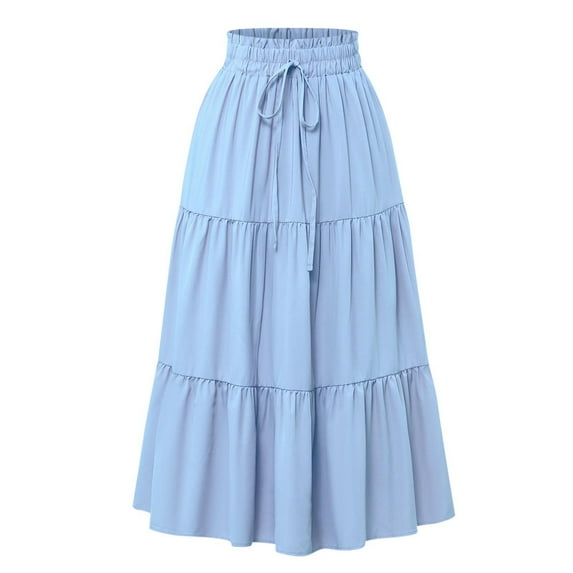 JSheng Women Summer Casual Skirt Fashion Solid Color Drawstring Pocket Elastic Waist Versatile Cake Skirts Light Blue XXL