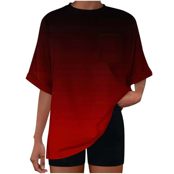 JSheng Women Summer Casual Top Fashion Women's Short SleeveGradient Color Pocket Round Neck Top Red XXL