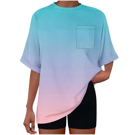 JSheng Women Summer Casual Top Fashion Women's Short SleeveGradient Color Pocket Round Neck Top Sky Blue M