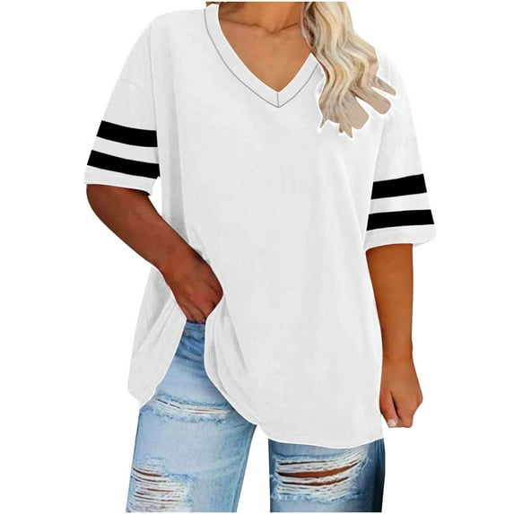 JSheng Women Summer Tops Plus Size V-neck Short Sleeved Solid Color Summer Casual T-Shirt White XXXXXL