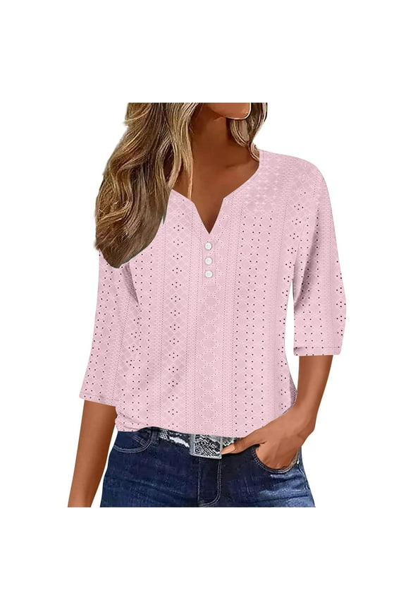 Women Summer Tps 3/4 Sleeve Womens Tops Summer Solid Color Button Loose Casual V-neck 3/4 Sleeves Top Pink M