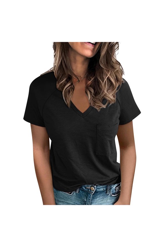 Women Tops Summer T-Shirts Short Sleeve V-neck Raglan Shoulder Short-Sleeved Solid Color Casual T-shirts Black M