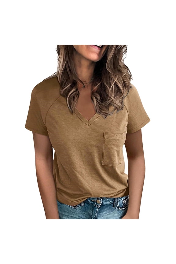 Women Tops Summer T-Shirts Short Sleeve V-neck Raglan Shoulder Short-Sleeved Solid Color Casual T-shirts Coffee M