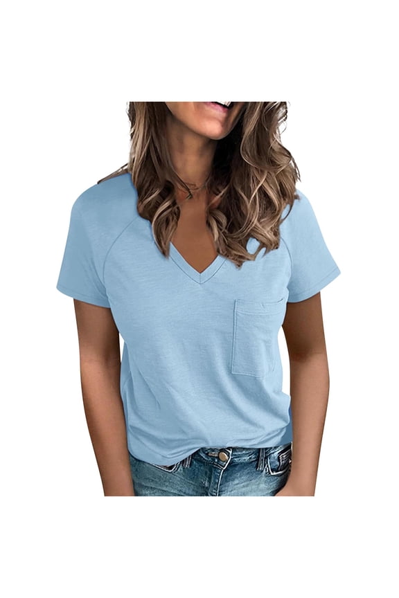Women Tops Summer T-Shirts Short Sleeve V-neck Raglan Shoulder Short-Sleeved Solid Color Casual T-shirts Light Blue XL