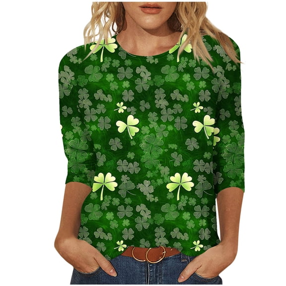 JSheng Women's 3/ 4 Sleeve Tops Fashion Casual Printed Round Neck Pullover T-shirt for Saint Patrick's Day Army Green L
