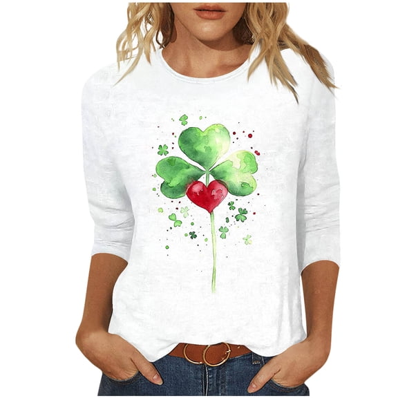 JSheng Women's 3/ 4 Sleeve Tops Fashion Casual Printed Round Neck Pullover T-shirt for Saint Patrick's Day White XL