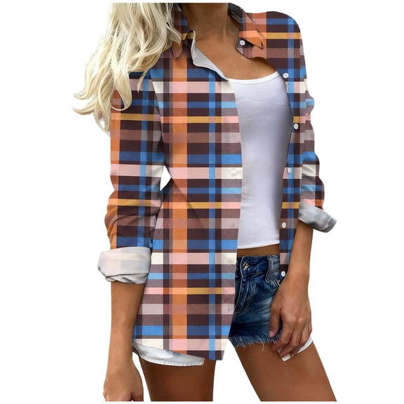 JSheng Women's Blouse Plaid Printed Fashion Casual Work Loose Long Sleeve Breasted Lapel Shirts for Women Orange L